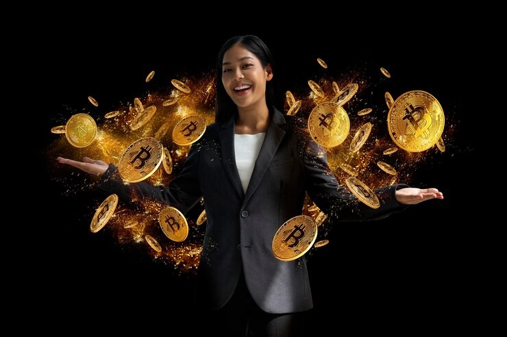 Bitcoin, gold bars, and fading U.S. dollar bills alongside Asia’s billionaires, representing a strategic shift toward asset diversification amid currency concerns.