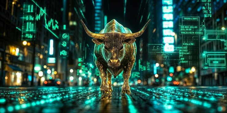 Wall Street sign with Microsoft and Meta logos holding up rising stock charts, while dark clouds labeled “Trade Risks” linger in the background—symbolizing short-term relief with longer-term uncertainty.