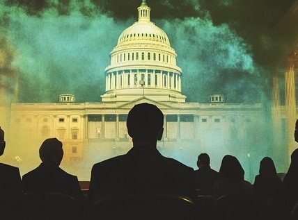 Senator Elizabeth Warren speaking out against the GENIUS Act, with visual elements including crypto coins, Trump imagery, and red flags signaling conflict of interest and systemic risk.