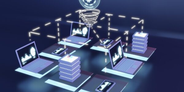 Blockchain gaming assets linked to DePIN nodes with a rising financial chart, symbolizing the $18.9 billion surge driven by user engagement through gamification.