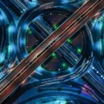 A digital bridge connecting Ava Labs and Filecoin logos, with encrypted data blocks moving between blockchain networks, symbolizing seamless cross-chain storage integration.