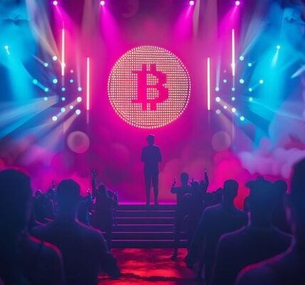 Eric Trump with digital currency icons rising beside a fading bank silhouette, representing his stark warning for traditional finance to embrace crypto or face extinction.