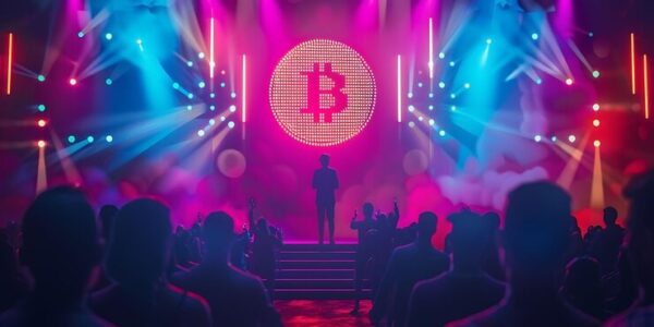 Eric Trump with digital currency icons rising beside a fading bank silhouette, representing his stark warning for traditional finance to embrace crypto or face extinction.