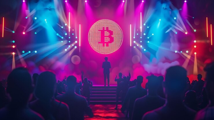 Eric Trump with digital currency icons rising beside a fading bank silhouette, representing his stark warning for traditional finance to embrace crypto or face extinction.