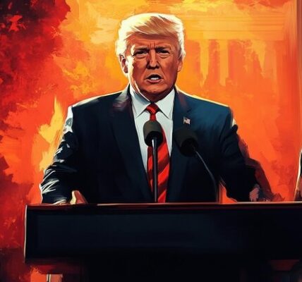 Trump Media logo with Bitcoin and crypto asset icons, overlaid with a $3B fundraising goal and ethics warning symbols, highlighting political and financial overlap.