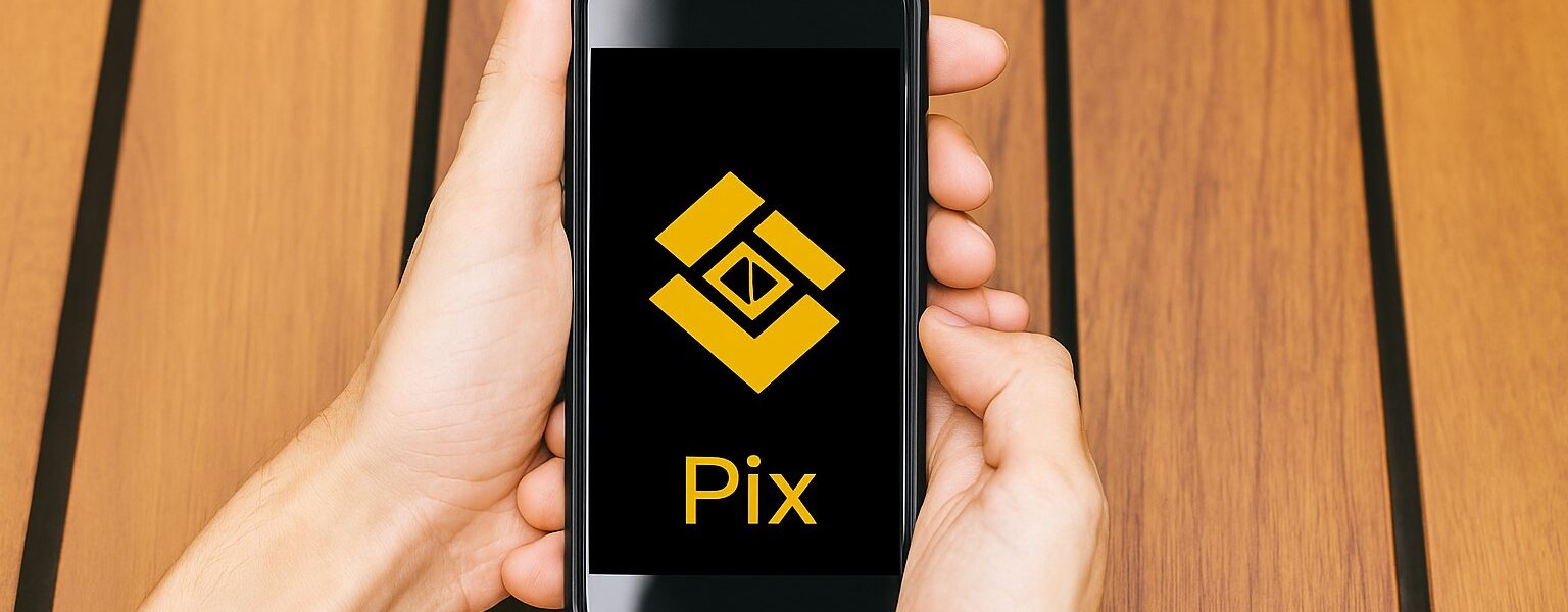 Binance Pay linked with Pix network over a Brazil map, showing real-time crypto payments reaching millions of users, symbolizing enhanced financial access and speed.
