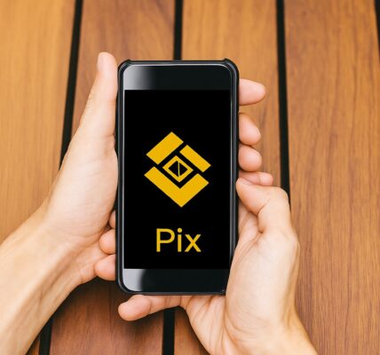 Binance Pay linked with Pix network over a Brazil map, showing real-time crypto payments reaching millions of users, symbolizing enhanced financial access and speed.