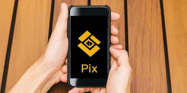 Binance Pay linked with Pix network over a Brazil map, showing real-time crypto payments reaching millions of users, symbolizing enhanced financial access and speed.
