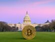 Trump-themed crypto gala visuals with $TRUMP token logos and Maxine Waters unveiling legislation, symbolizing the political clash over crypto ethics.