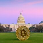 Trump-themed crypto gala visuals with $TRUMP token logos and Maxine Waters unveiling legislation, symbolizing the political clash over crypto ethics.