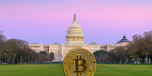 Trump-themed crypto gala visuals with $TRUMP token logos and Maxine Waters unveiling legislation, symbolizing the political clash over crypto ethics.