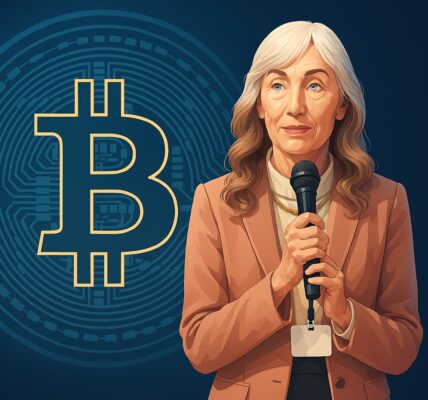 Senator Elizabeth Warren raising concerns with Trump and stablecoin imagery in the background, symbolizing her opposition to potential conflicts of interest in crypto regulation.