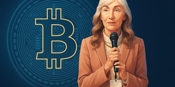 Senator Elizabeth Warren raising concerns with Trump and stablecoin imagery in the background, symbolizing her opposition to potential conflicts of interest in crypto regulation.