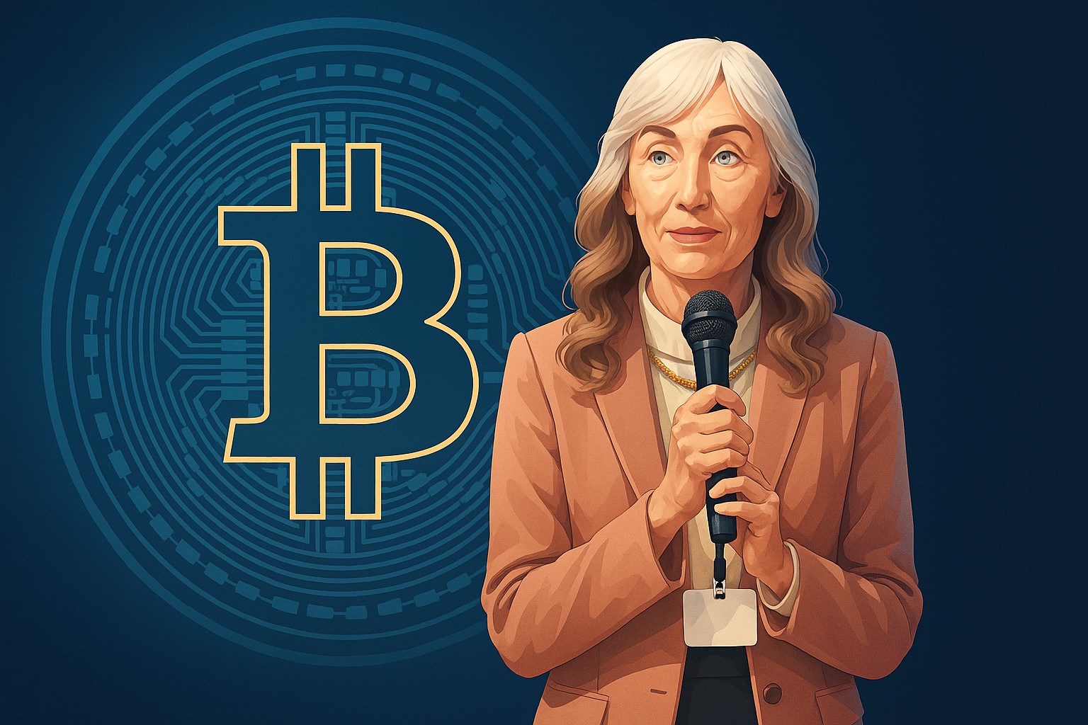 Senator Elizabeth Warren raising concerns with Trump and stablecoin imagery in the background, symbolizing her opposition to potential conflicts of interest in crypto regulation.