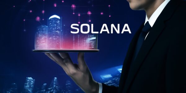 SOL Strategies logo looming over the Solana network with validator nodes and a $500M investment tag, raising questions about control and decentralization.