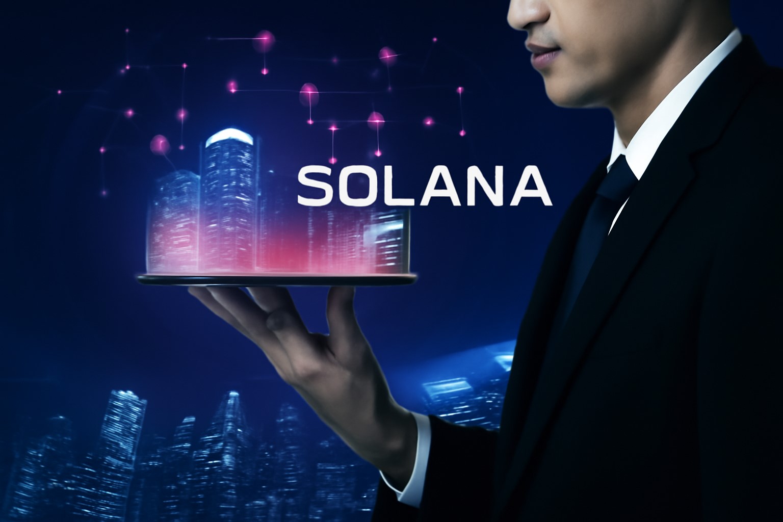 SOL Strategies logo looming over the Solana network with validator nodes and a $500M investment tag, raising questions about control and decentralization.