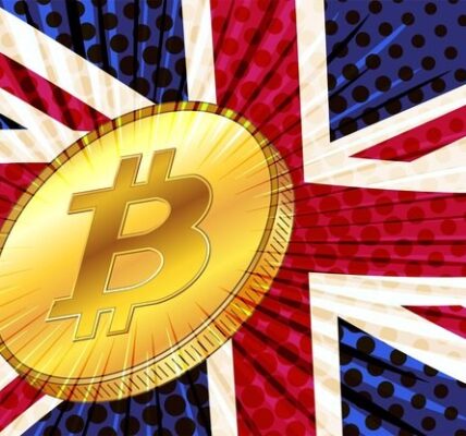 Bitcoin rocket blasting through the $100K milestone against a backdrop of Trump shaking hands with UK officials, symbolizing explosive market momentum fueled by geopolitical deals.