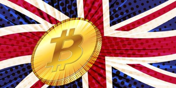 Bitcoin rocket blasting through the $100K milestone against a backdrop of Trump shaking hands with UK officials, symbolizing explosive market momentum fueled by geopolitical deals.