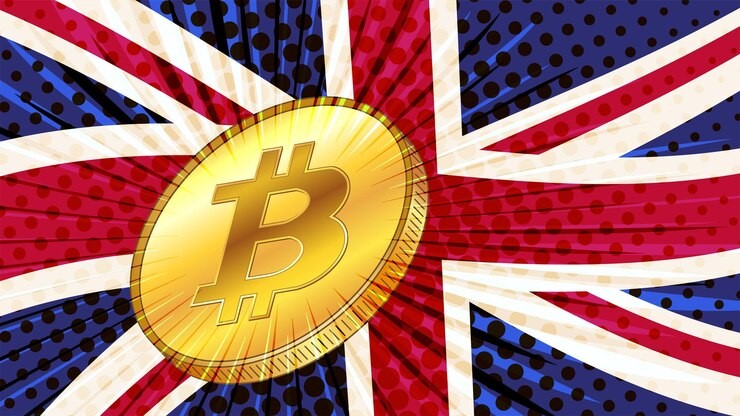 Bitcoin rocket blasting through the $100K milestone against a backdrop of Trump shaking hands with UK officials, symbolizing explosive market momentum fueled by geopolitical deals.