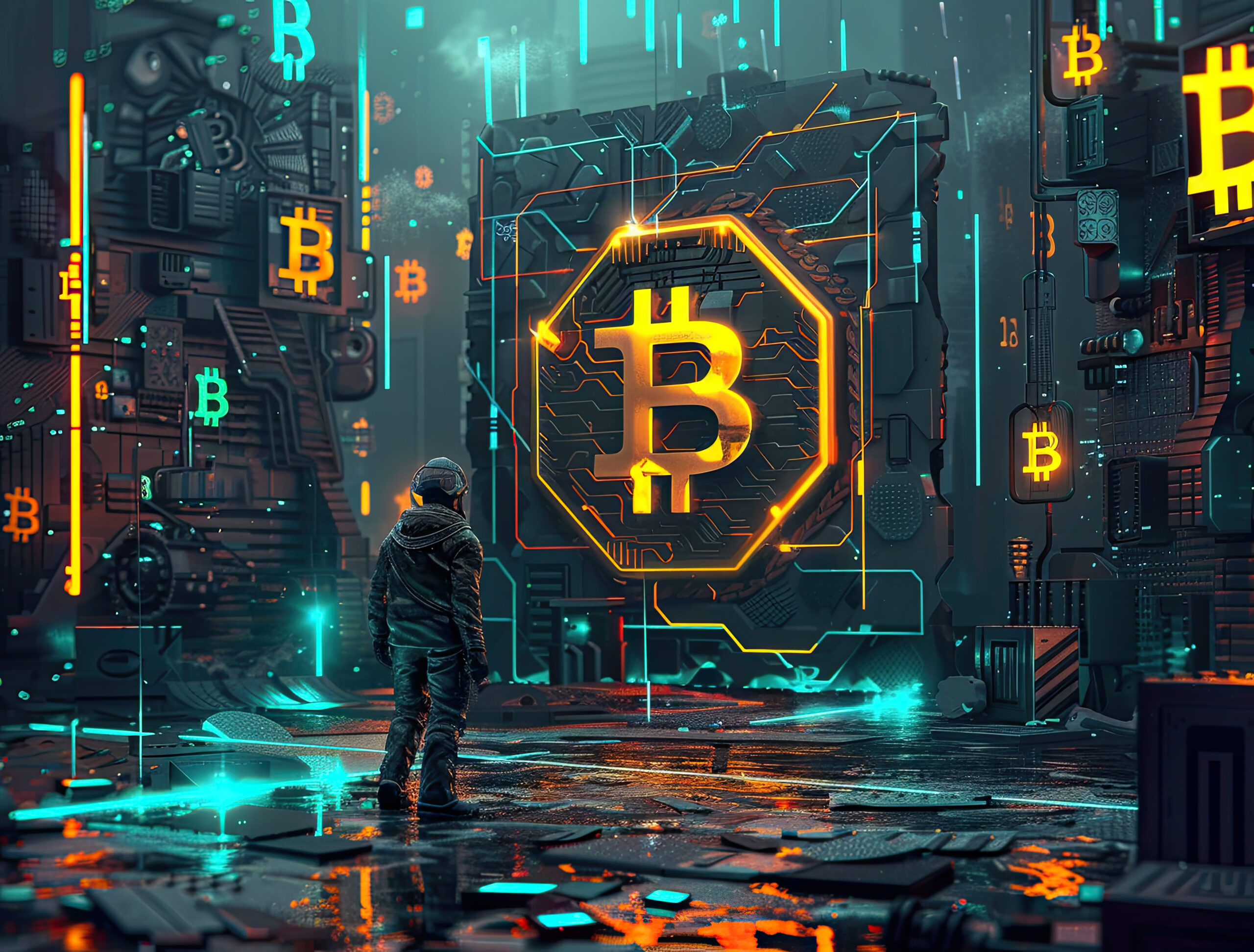 Crypto mining rigs powering down under pressure from Kuwait’s energy authority, with warning signs flashing—symbolizing broader risks for the global mining sector.