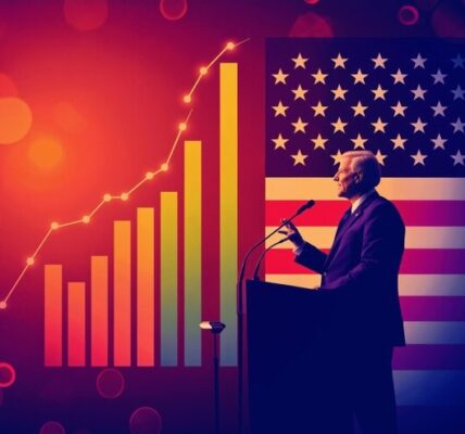 Donald Trump pointing fingers amid falling economic indicators, with President Biden in the backdrop and GDP data flashing red—highlighting political blame over market weakness.
