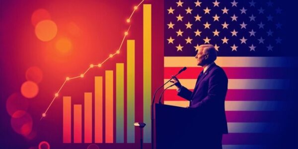 Donald Trump pointing fingers amid falling economic indicators, with President Biden in the backdrop and GDP data flashing red—highlighting political blame over market weakness.