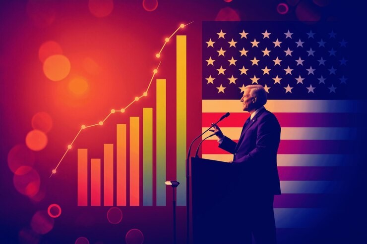 Donald Trump pointing fingers amid falling economic indicators, with President Biden in the backdrop and GDP data flashing red—highlighting political blame over market weakness.