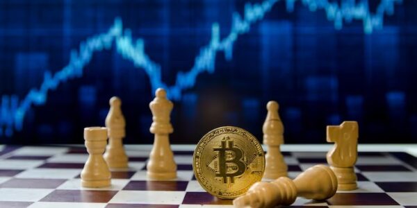 Michael Saylor with Bitcoin icons and a financial growth chart pointing upward, symbolizing the potential for Strategy’s meteoric rise driven by a $40 billion BTC investment.