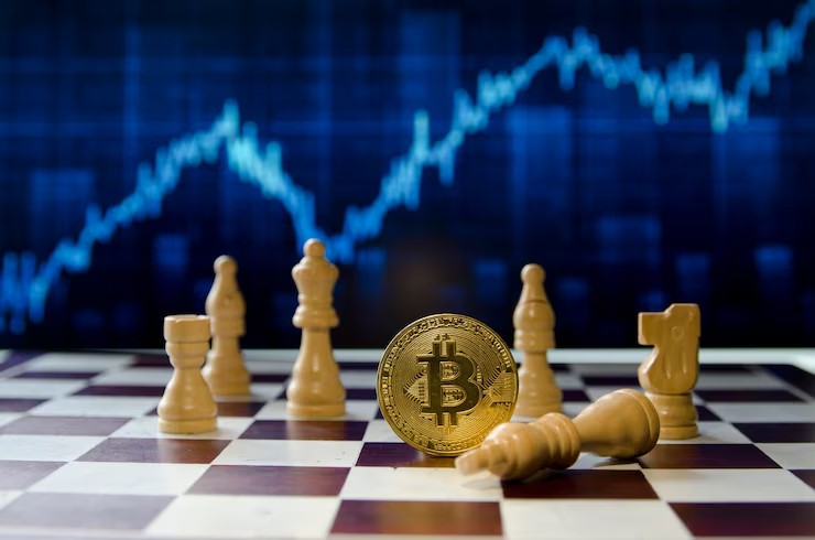 Michael Saylor with Bitcoin icons and a financial growth chart pointing upward, symbolizing the potential for Strategy’s meteoric rise driven by a $40 billion BTC investment.