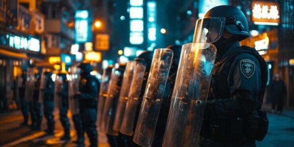 Hong Kong police conducting a raid with seized crypto assets and $15M in laundered funds, representing a major crackdown on financial crime.